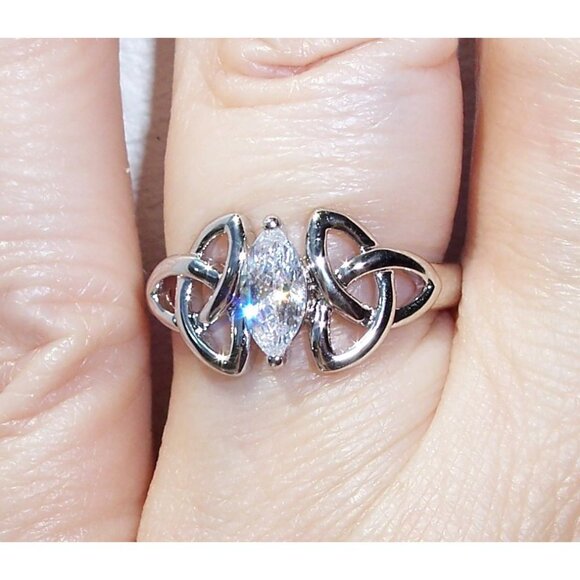925 STERLING SILVER Dainty Celtic Triquetra Marquise Cubic Zirconia Ring - Picture 11 of 16